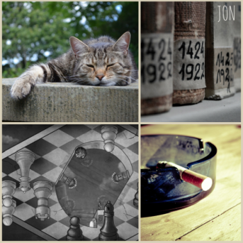jon moodboard: a sleepy cat, a cigarette burning in an ashtray, some old labels on old books, a black-and-white escher-like drawing of chess pieces.