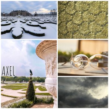 axel moodboard: gold lace, snow over a courtyard, a raven sitting on some topiary in Versailles, storm clouds, champagne glasses tipped over