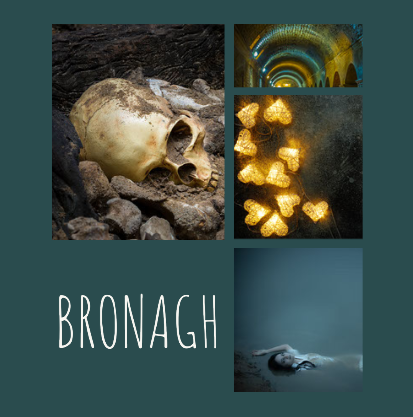 bronagh moodboard: a skull, an arched tunnel with light reflected on the ceiling, heart-shaped fairy lights, a woman swimming in dark water