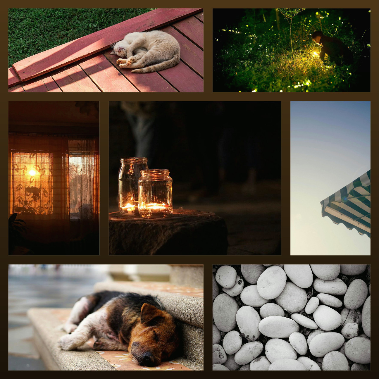 firefly moodboard: fireflies, candles in jars, a striped awning, smooth round pebbles, lit-up windows at night, a sleeping cat and a sleeping dog