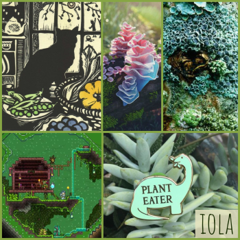 emery moodboard: plants, pretty fungus, a cat in a kitchen, a terraria screenshot
