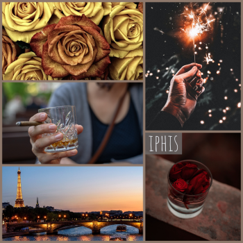 iphis moodboard: roses, a hand holding a glass of brandy, Paris at night, a sparkler.
