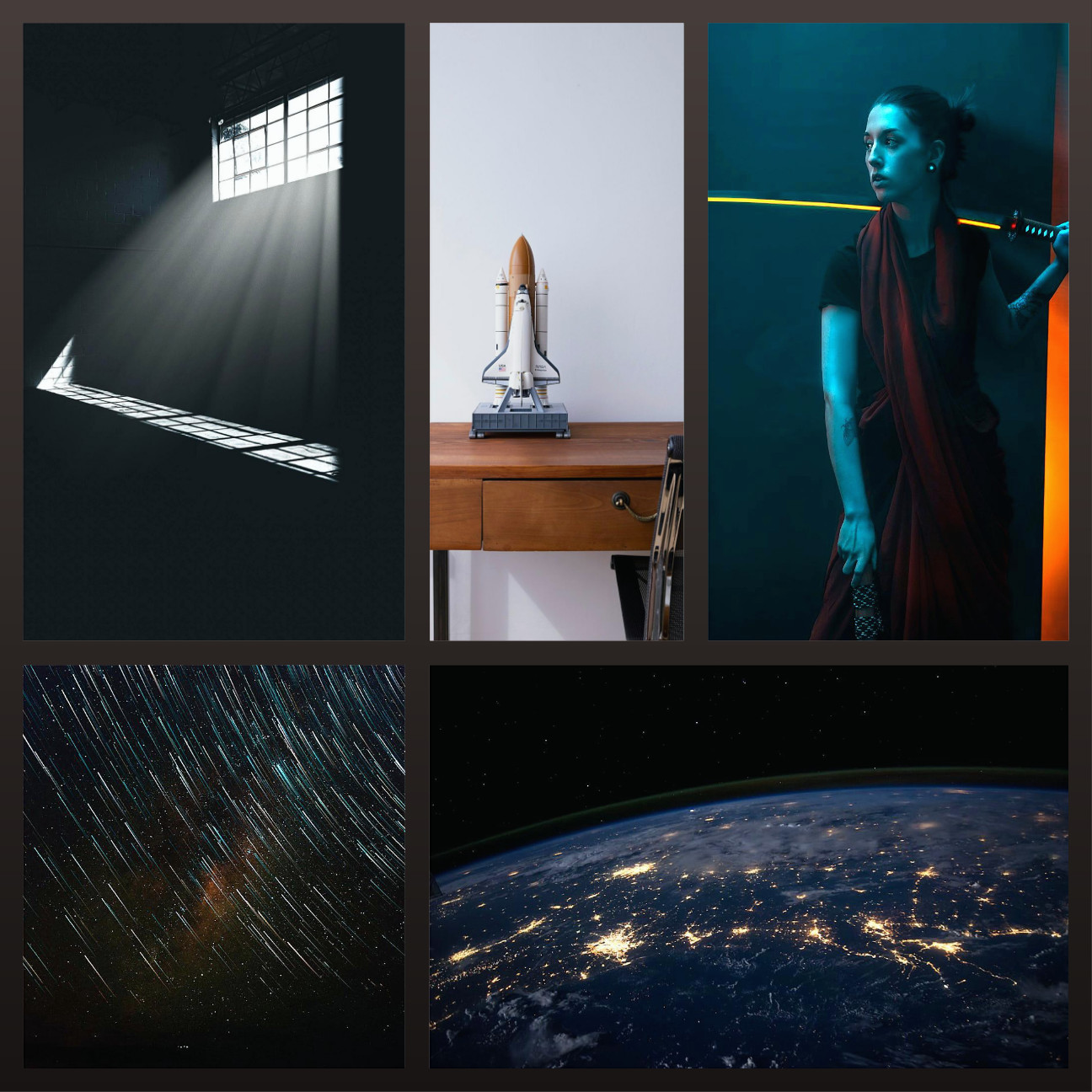 judith moodboard: light shining into a dark room through a window, a model of a rocket on a desk, a girl holding a glowy lightsaber thing over her shoulder, blurry stars in space, earth seen from space at night with the cities all lit up