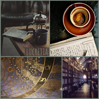 lucretia moodboard: notebooks, a star chart, a library, coffee