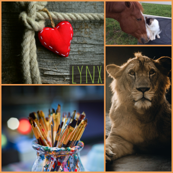 lynx moodboard: lions, cats, a heart, paintbrushes, and a horse