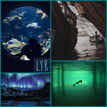 lyr moodboard: a seahorse, an aquarium, a ship, northern lights over a seaside town