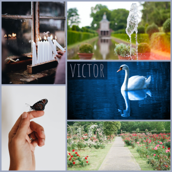 victor moodboard: a swan, a fountain, gardens, a butterfly resting on someone's finger, lit candles.