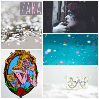 zara moodboard: a tiara, glitter, a zombie disney princess, a woman looking out of a window